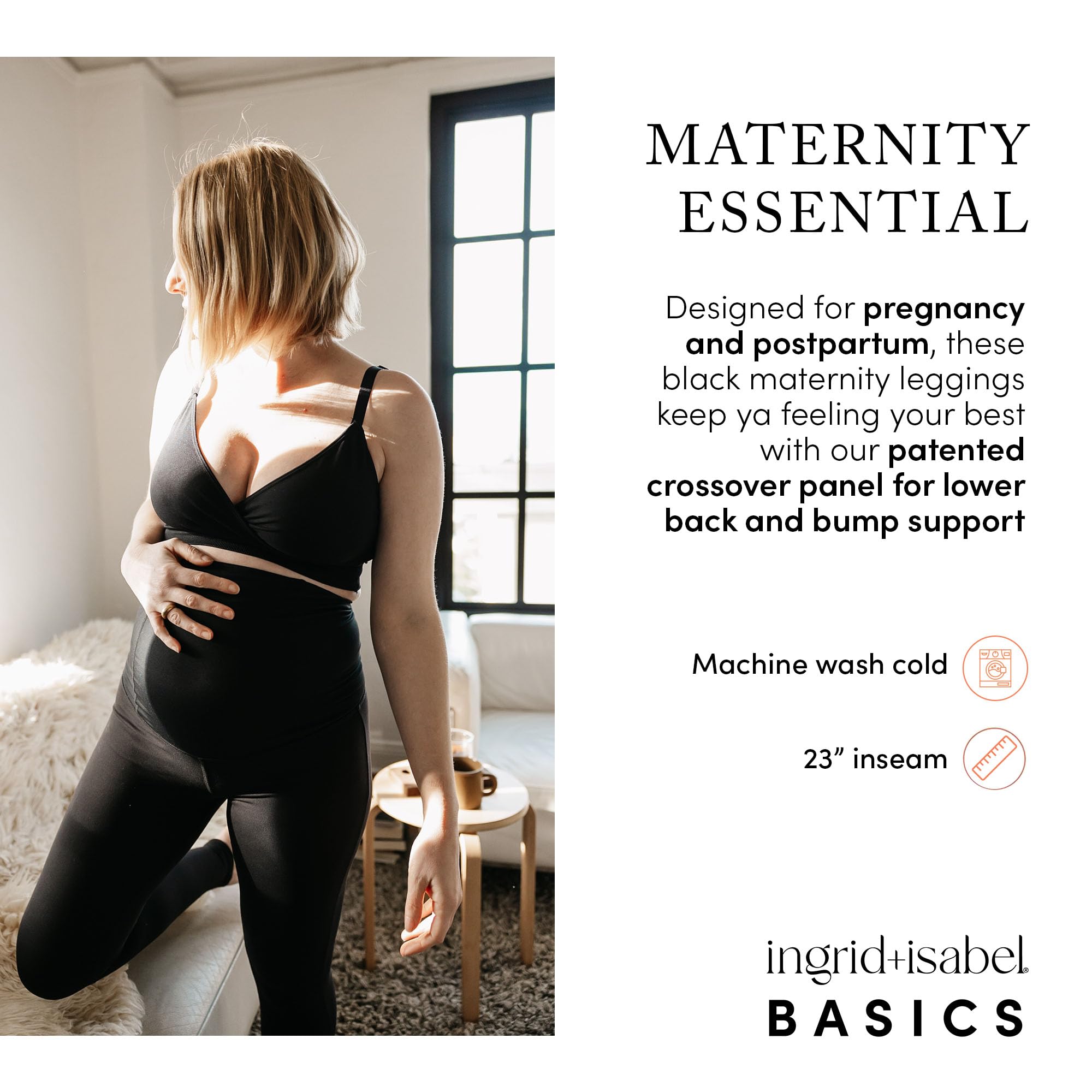 Ingrid & Isabel Basics 7/8 Active Umstands-Leggings mit Crossover-Panel, Bauchstütze, Schwarz