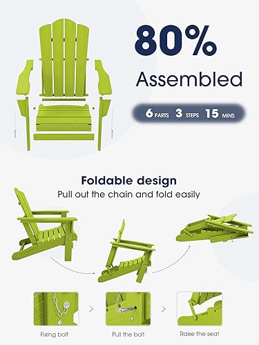 Vista 65 de KINGYES - Silla Adirondack plegable, sillas de patio de polietileno de alta densidad para todo tipo de clima, silla de césped con textura de madera
