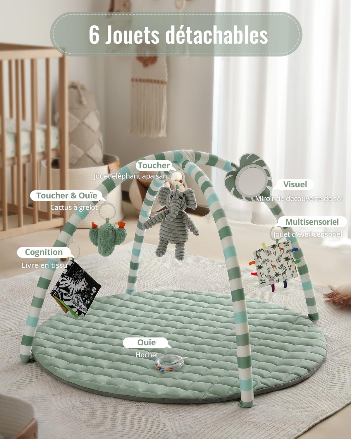 Blissful Diary Tapis d'éveil Bébé avec Arche Amovible, Tapis Éveil Bébé 6 Jouets - Développement Sensoriel et Moteur Progressif, Cadeau pour Nouveau Né, Enfant, Fille et Garçon, Vert Sauge