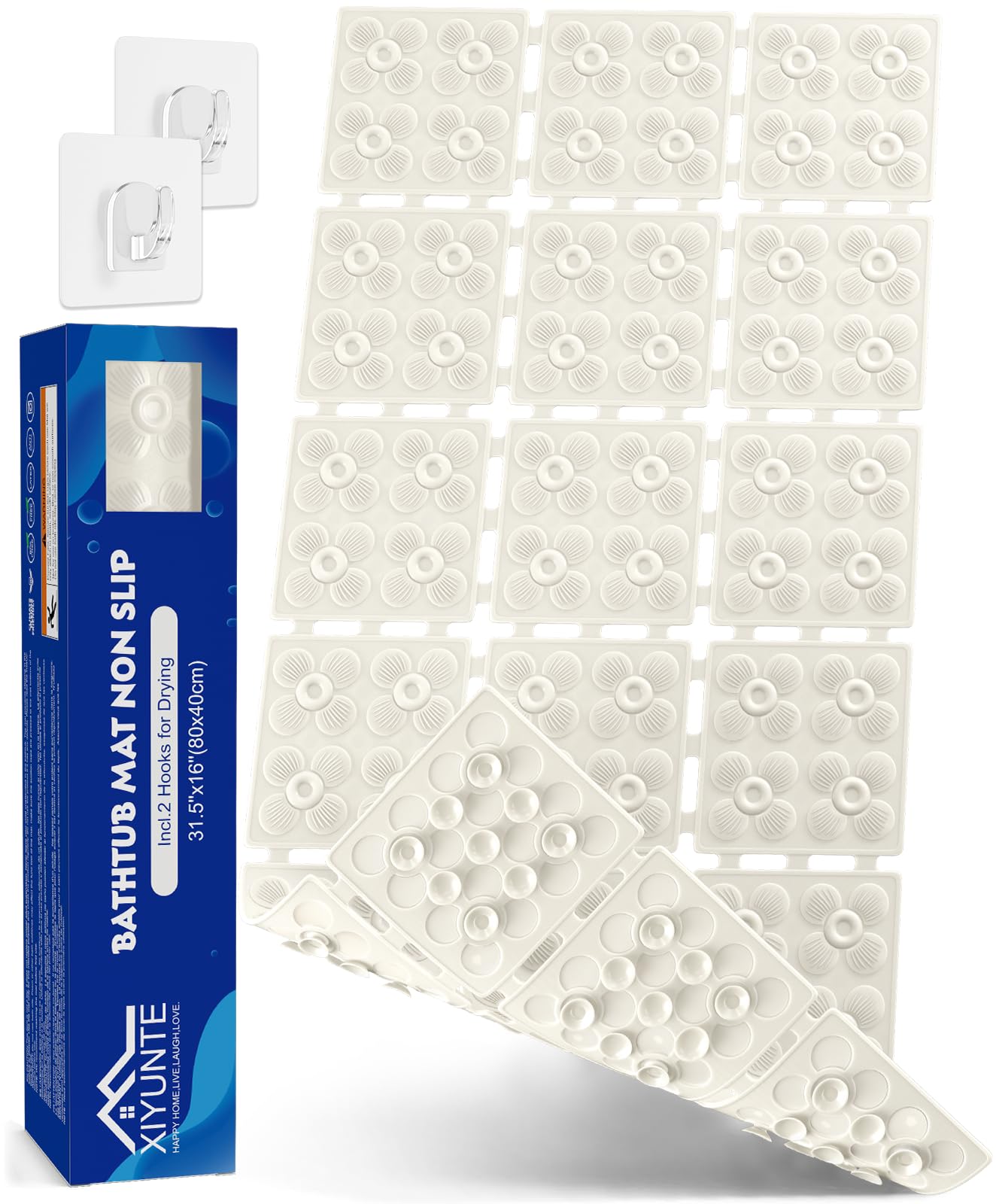 Shower Mat Non Slip Bathtub mat, TPE Bath Mat Non Slip 31.5" x 16", White
