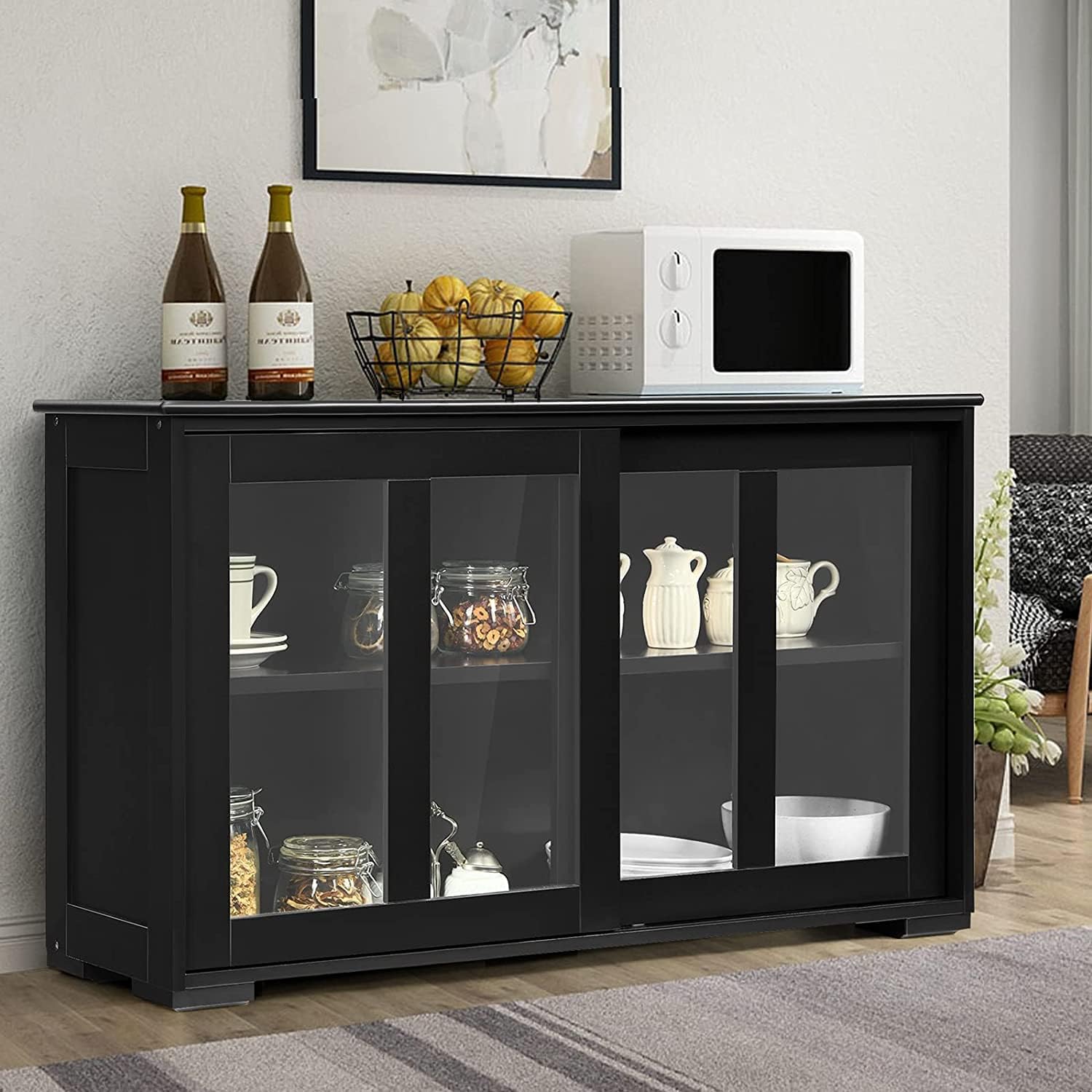 Kitchen Stackable Storage Cabinet with Height Adjustable Shelves & Glass Sliding Doors, Cupboard Server Buffet Console Sideboard, Black