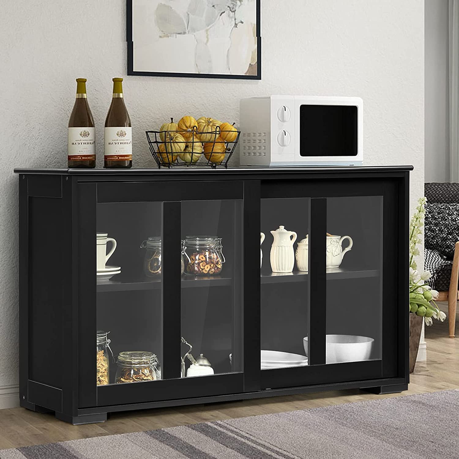 Armario de almacenamiento apilable de cocina con estantes de altura ajustable y puertas correderas de vidrio, aparador de consola de buffet, color negro 3