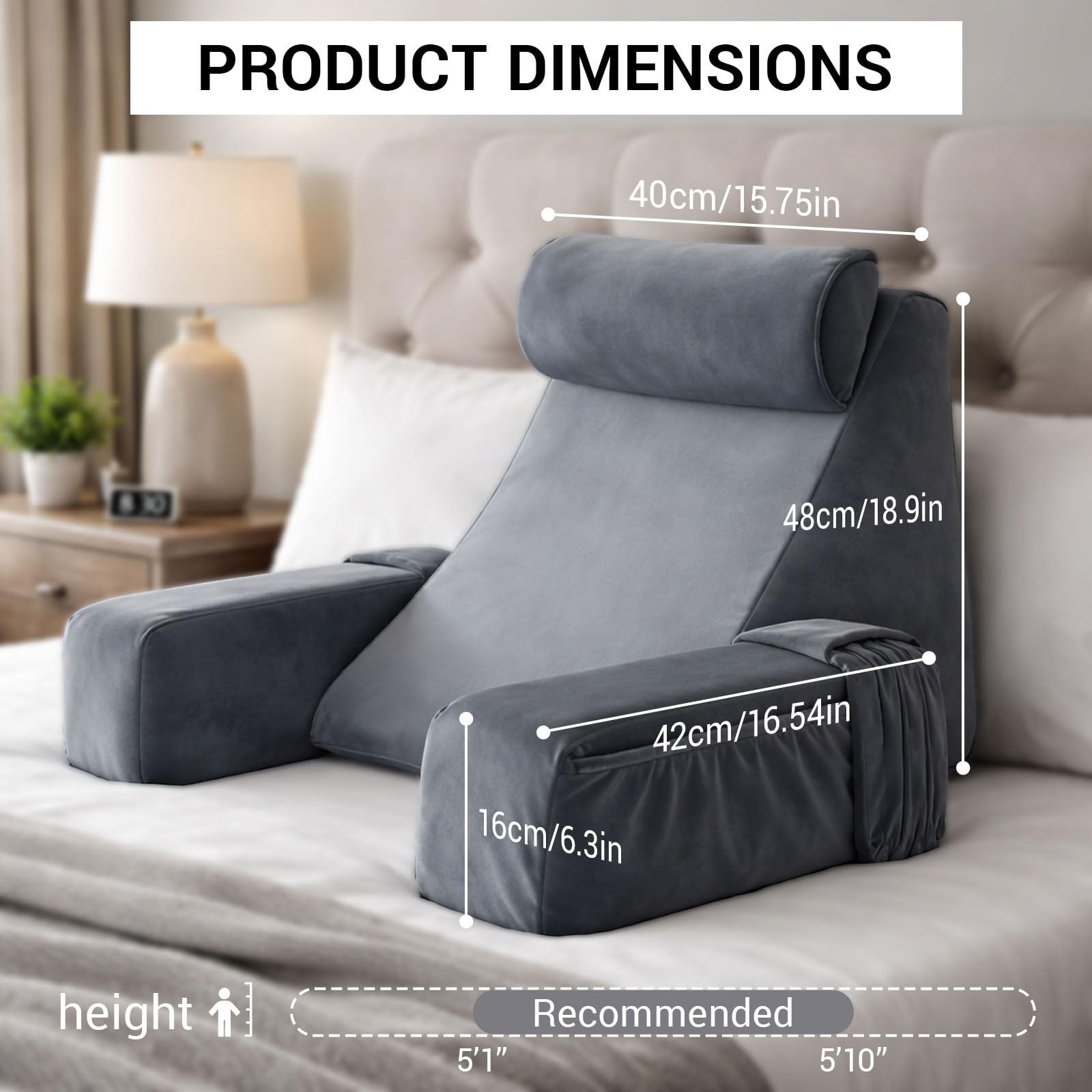 Cuscino da lettura per letto e divano, con braccioli e cuscini per la testa rimovibili, ergonomico, per la schiena, colore grigio, per leggere, lavorare, guardare la TV