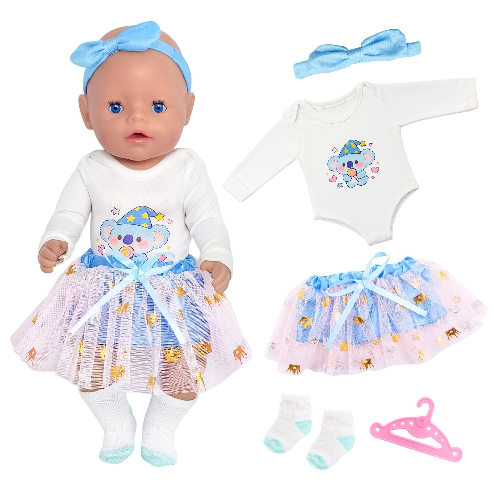 5 Pcs Baby Doll Clothes for 14-18 inch Newborn Baby Doll, Blue Koala Dolls Clothes Outfit with Onesie Tulle Skirt Hairband Socks hanger, Koala Doll Accessories for 35-45 cm Baby Doll for Girls Gift