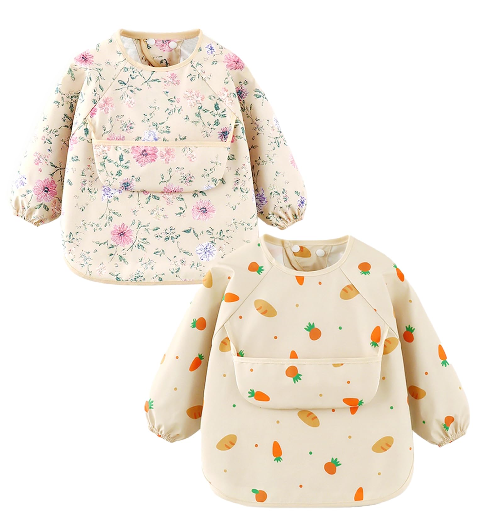 NEAWEALY Baby Waterproof Bibs Boys Girls Weaning Bib Long Sleeve 2 Pack Radish Bread + Floral 2-3 Years