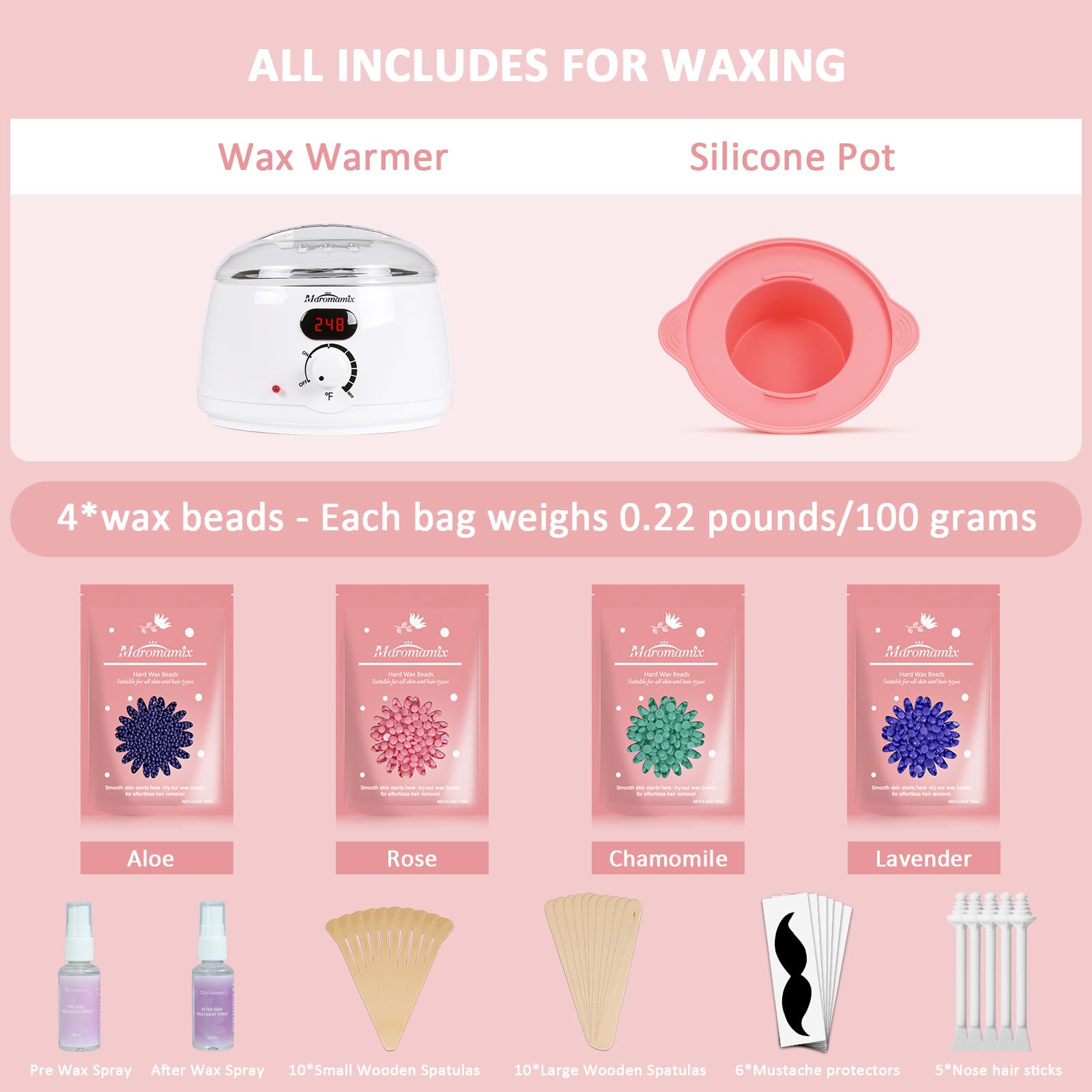 Kit de depilación digital para mujeres y hombres, máquina de depilación con 4 paquetes de cuentas de cera dura y olla de cera de silicona para piernas, cara, cejas, bikini, kit brasileño de depilación