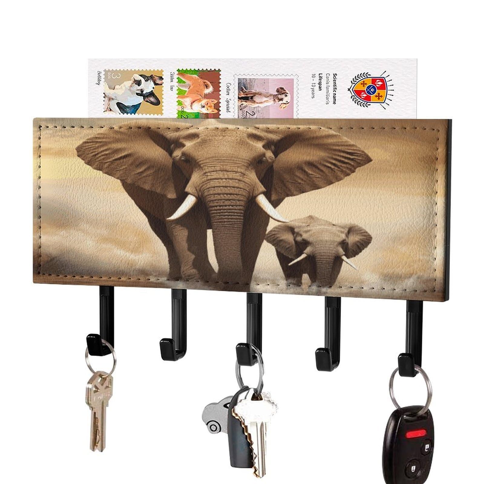 JTREHY Elephant Key Holder Wall Mount Decorative Key and Mail Holder PU Leather Adhesive Key Organizer Hanging Key Hooks Wall Shelf with 5 Hooks for Entryway Hallway Office