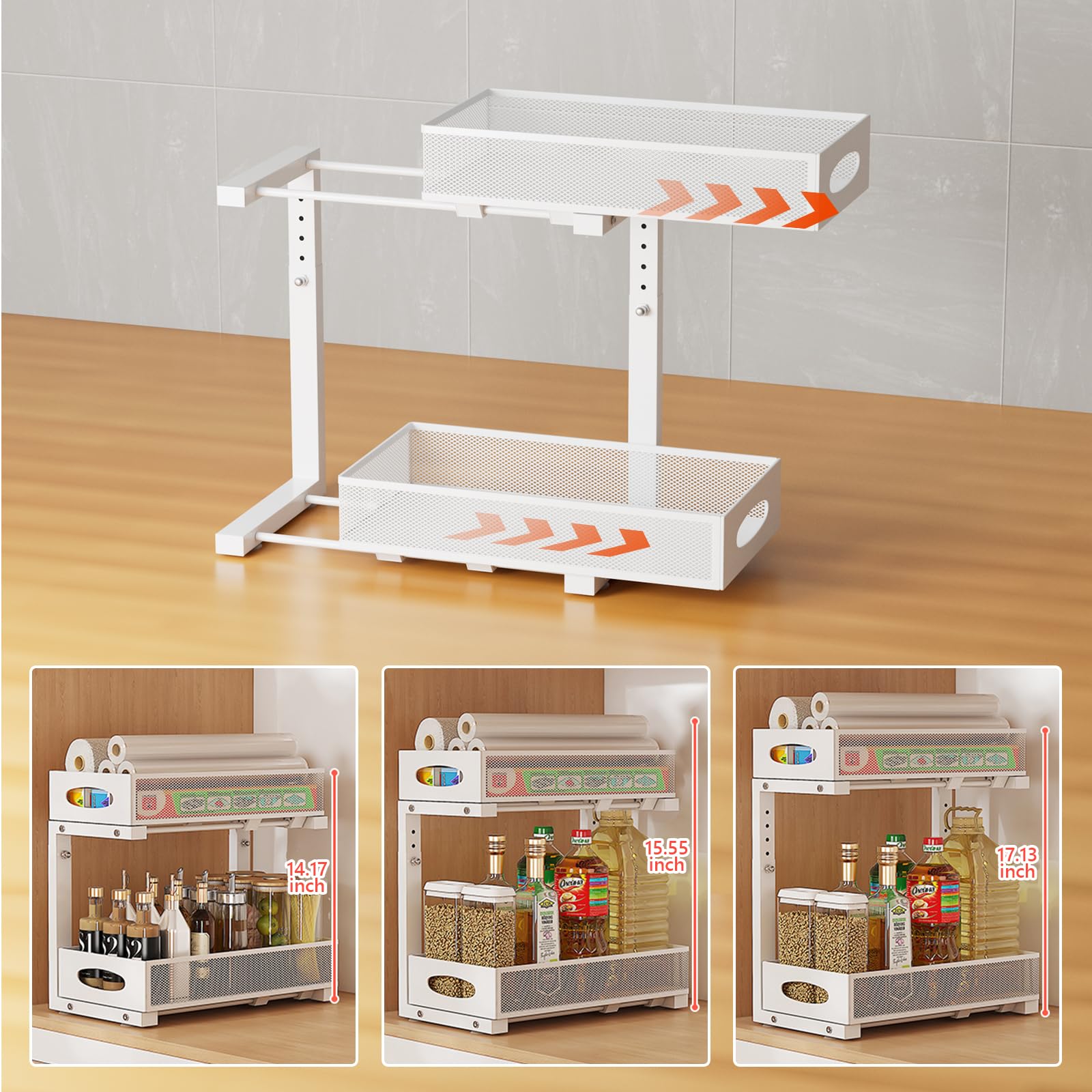 Organizer da sotto il lavandino, grande organizer estraibile per cassetti, organizer per cassetti scorrevoli, organizer in metallo, ripiani regolabili in altezza per dispensa da cucina (bianco, 2