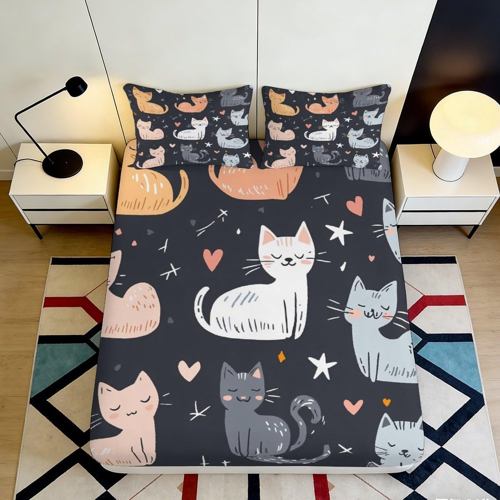 3D Printed Cartoon Cats Fitted Sheet Microfiber Soft Breathable Pastel Hearts Bed Cover for Bedroom Dorm Decor 90x200x25cm