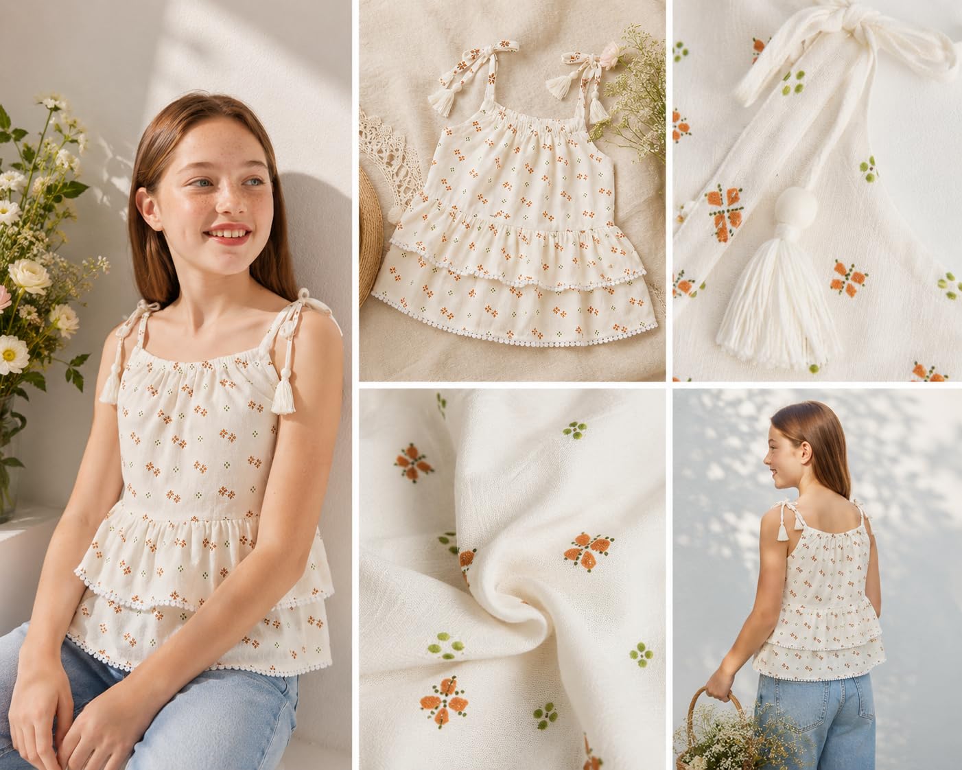 Generico Blusa para niña de 10 a 16 años – Top de verano con estampado floral, tirantes anudados y volantes, elegante e informal, 6188