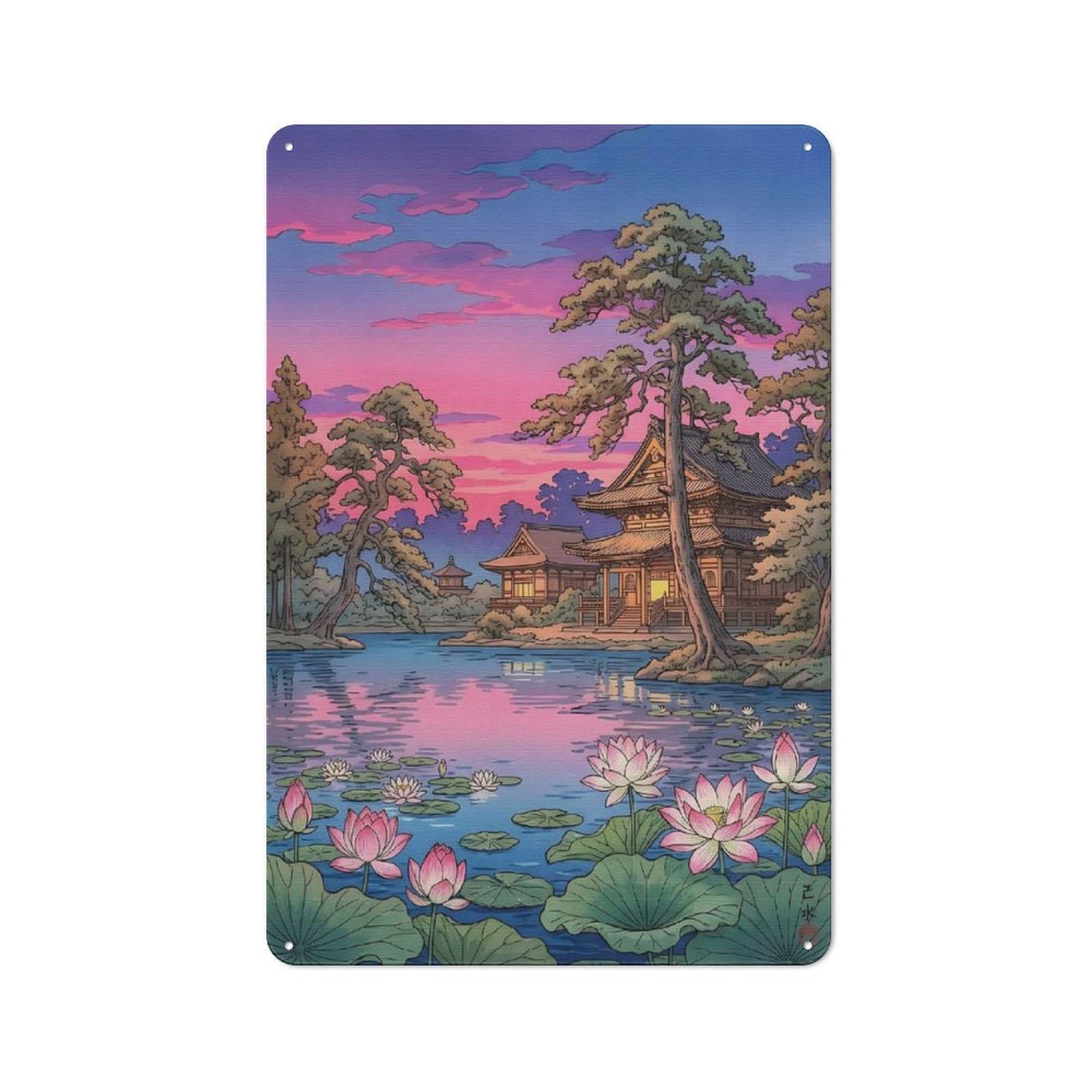 Junmoney Style-21 Japanese Temple And Lotus Pond At Sunset Tin Wall Sign 30X20cm, Loft Style Industrial Wall Decor For Loft, Studio, Office Or Creative Room