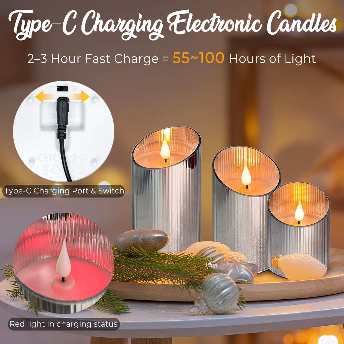 LEDHOLYT Set di 3 candele ricaricabili senza fiamma, con LED tremolante, in vetro, con telecomando e timer, batteria incorporata, candela elettronica in vera cera per decorazione della stanza