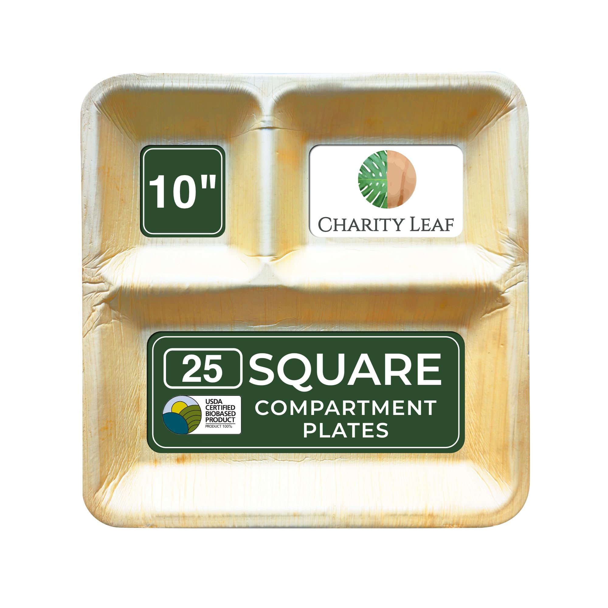 Charity Leaf Platos de cena compostables de hoja de palma con compartimento cuadrado de 10 pulgadas (paquete de 25) | Premium, 100% natural, desechable, resistente, perfecto para fiestas, bodas y