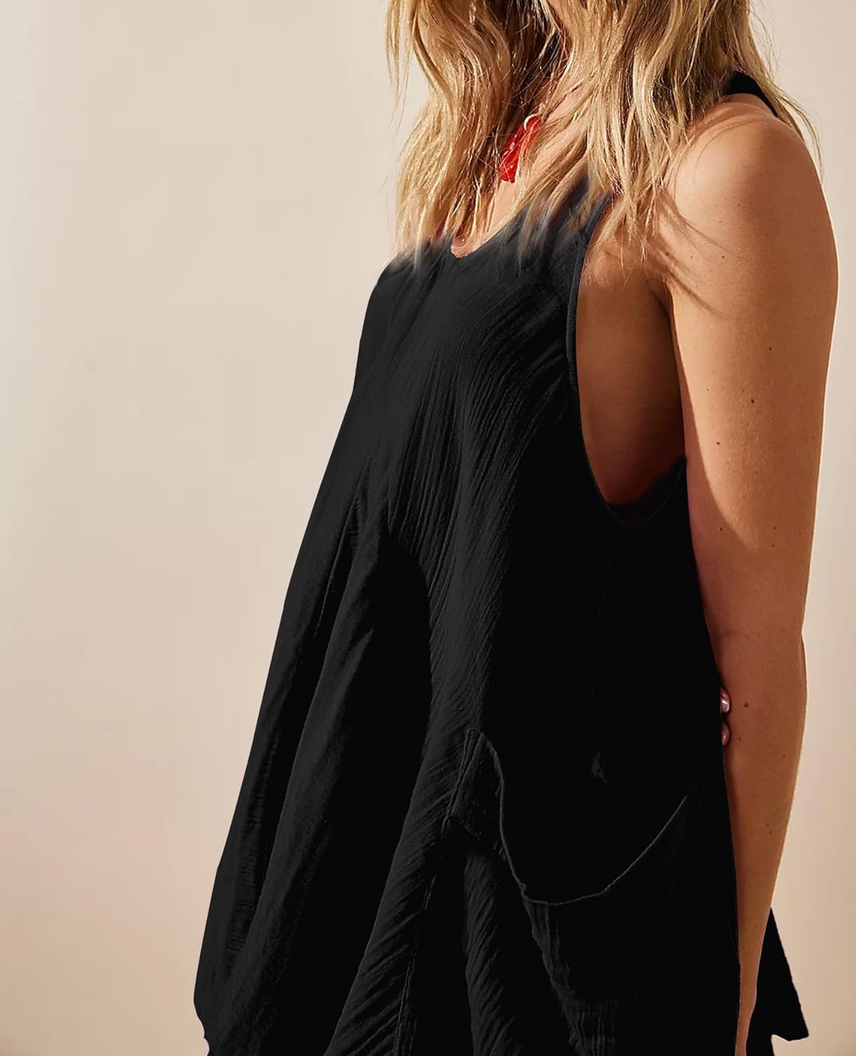 Women Casual Summer Dresses Sleeveless Crew Neck Backless Tunic Mini Dress Loose Flowy Tank Sundress with Pockets - Image 2