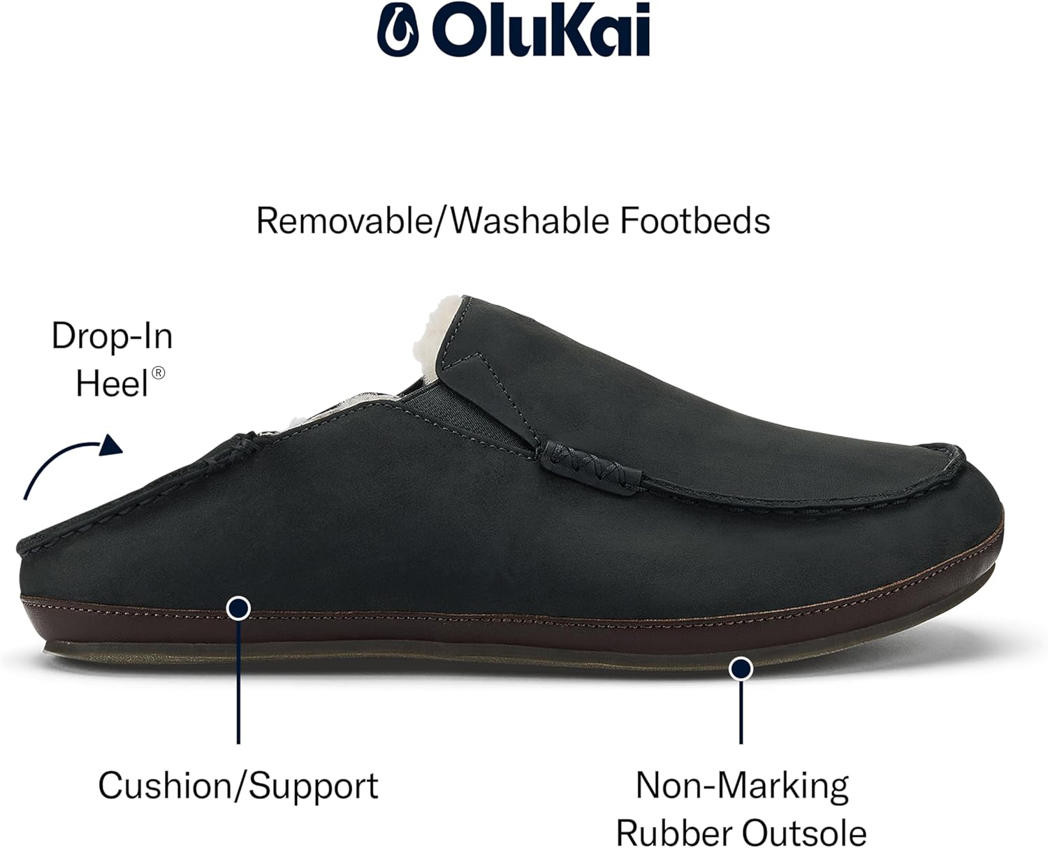 OLUKAI Moloa Slipper, Men's Premium Leather Slip-On Shoes, Soft Genuine Shearling Lining & Gel Insert, Drop-In Heel & All-Day Comfort - Image 3