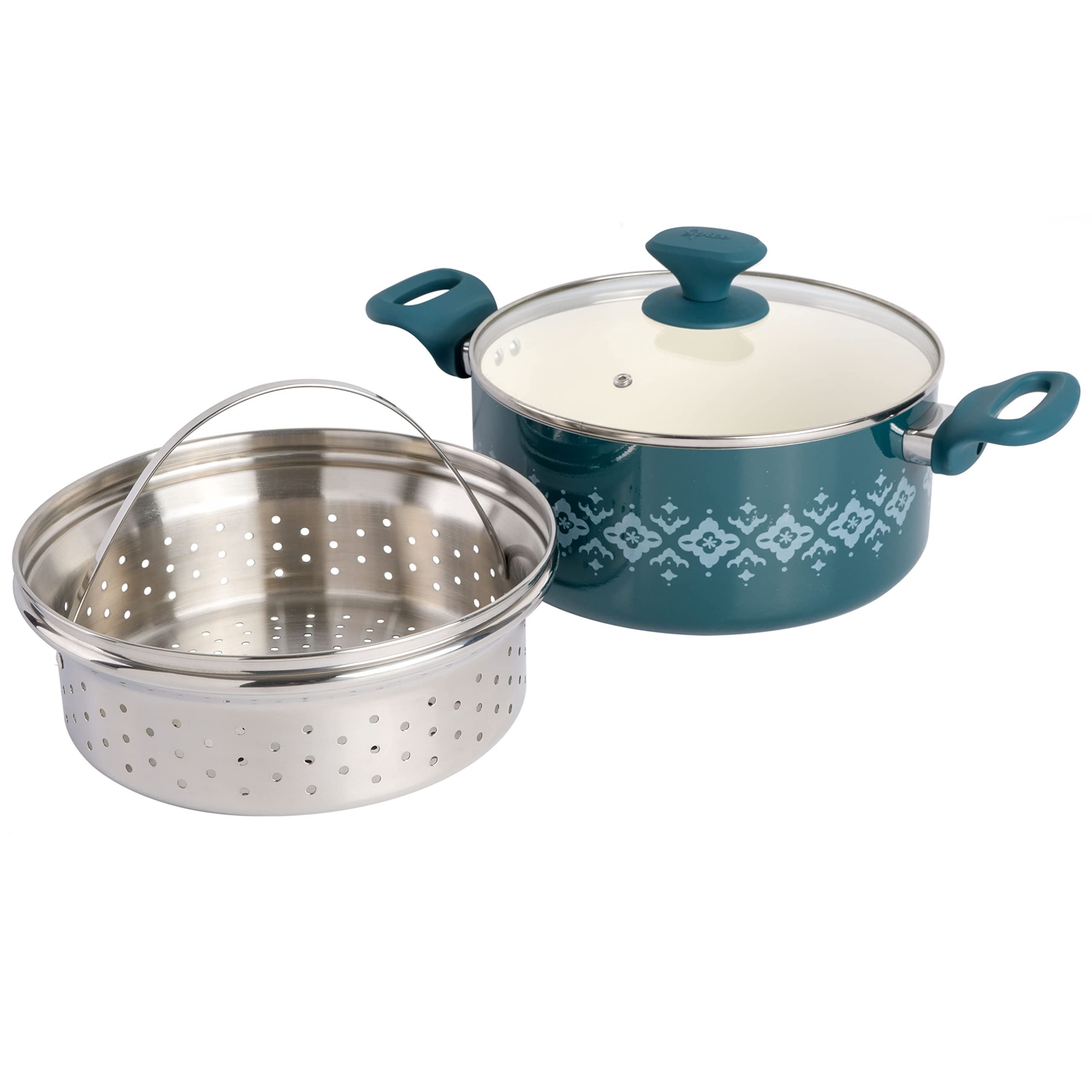 Spice by Tia Mowry Savory Saffron 5 QT Healthy Nonstick Ceramic Dutch Oven W/ Stainless Steel Steamer Insert and Lid - Teal