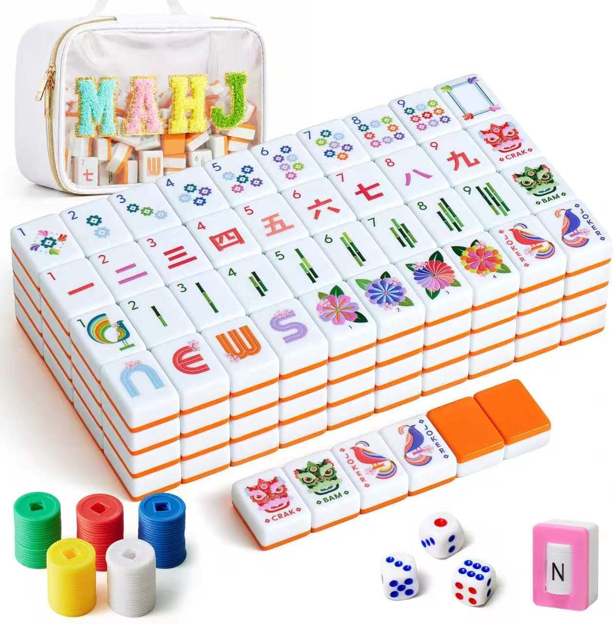 American Mahjong Set, 160 Orange Melamine Tiles (1.2”), Portable Travel Bag, Dice & Chips, Double Layer Scratch Resistant, Home, Party, Game Night, for Mahjong Lovers