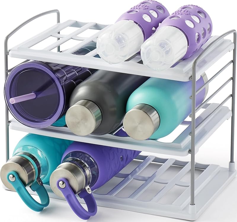 UpSpace Organizador de gabinete para botellas de agua y tazas de viaje, estante de almacenamiento ajustable para organización de cocina, 3 estantes