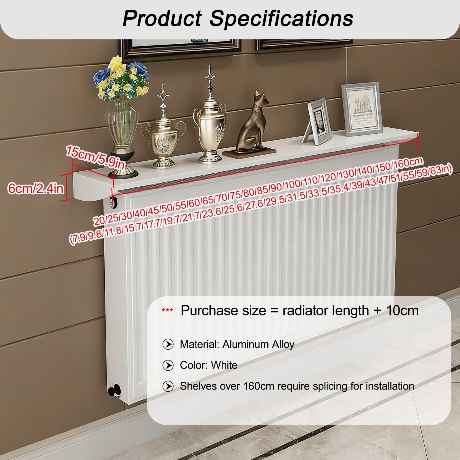 Balda Radiador Estante Radiador Blanco Sin Taladrar, Antihumo y A Prueba de Polvo Estanteria de Metal, para Salón Cocina Oficina Dormitorio(60cm/23.6in)