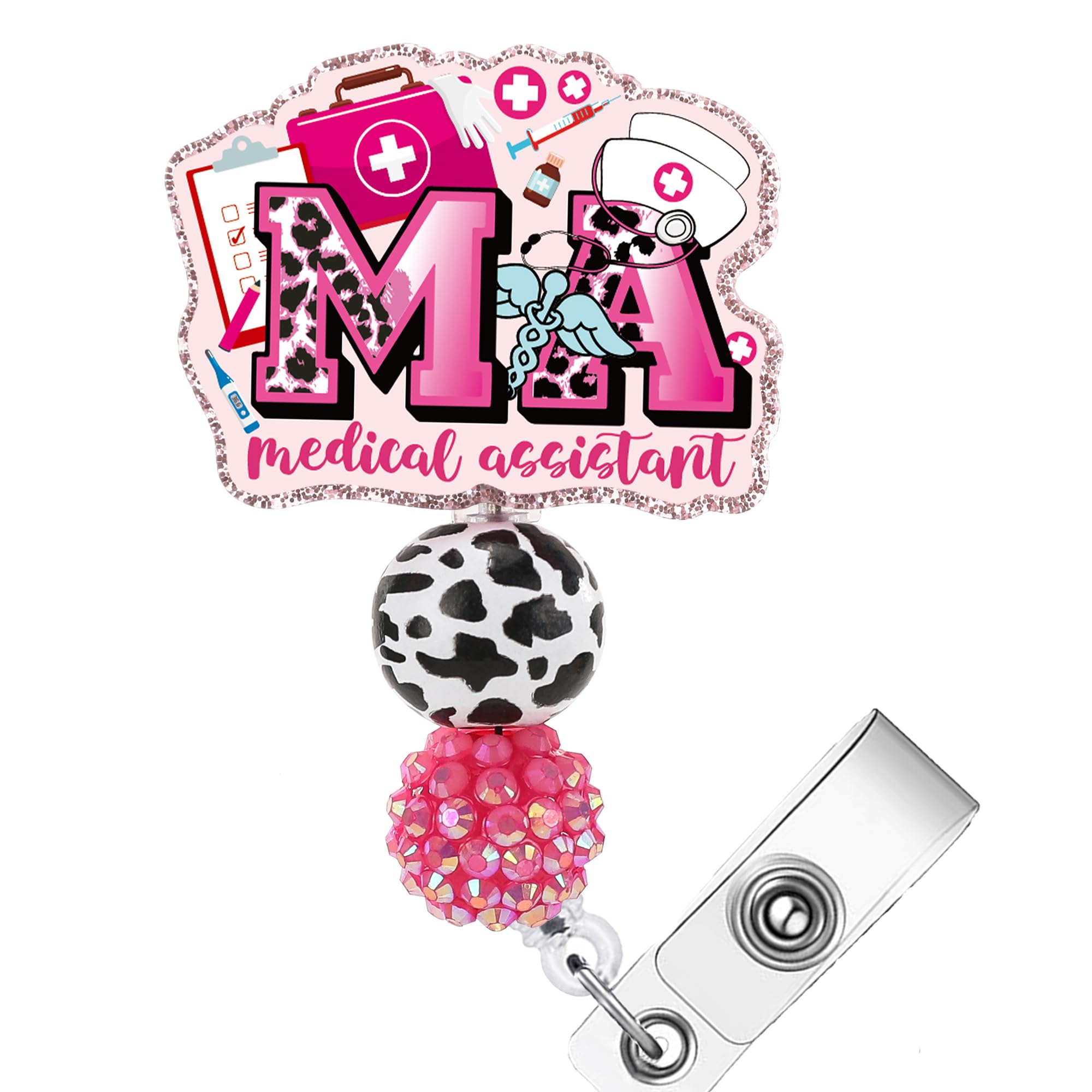 AFRITEE MA Badge Reel Holder - Cute Badge Reels Retractable Lanyards for Work Cards Name Cards, Pink Badge Holder MA Easy Closure with Glitter Patch,