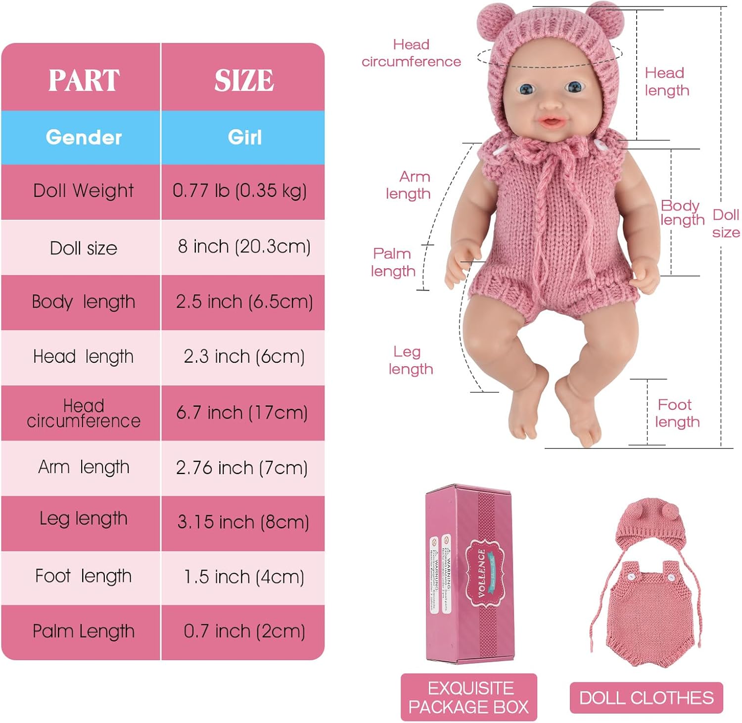 Vollence 8 inch Mini Silicone Baby Preemie Tiny Realistic Baby Doll Real Life Newborn Miniature Silicone Babies Doll for Kids - Girl