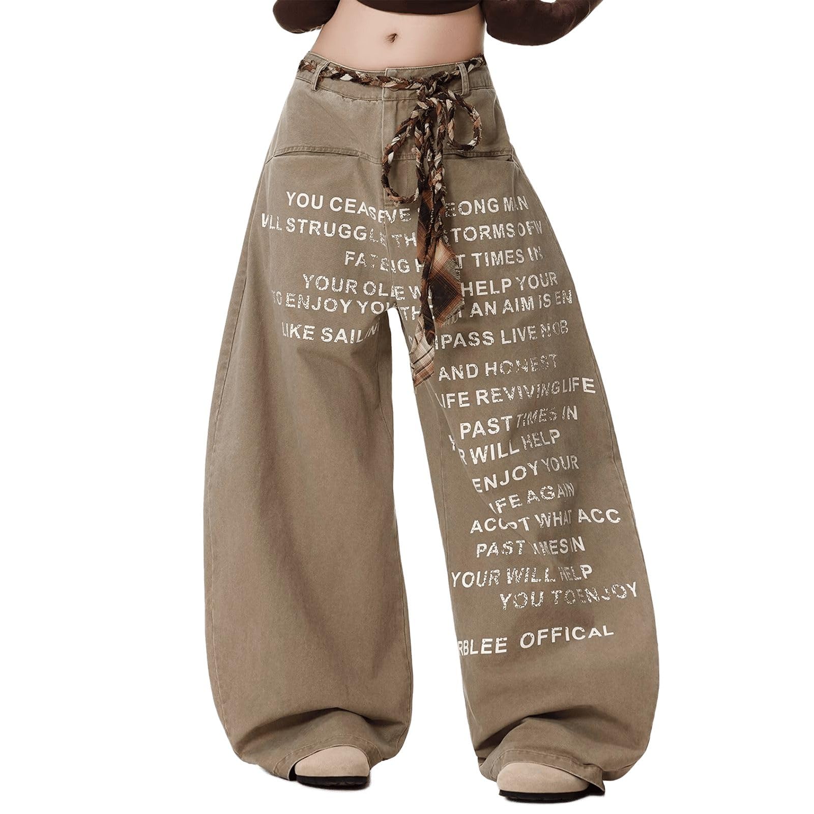 High Waisted Baggy Wide Leg Cargo Pants for Women Trendy Vintage Loose Fit Street-Style Letter Printed Trousers