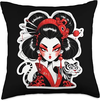 Geisha Tattoo Inspired Tiger Geisha Kawaii Moments Throw Pillow
