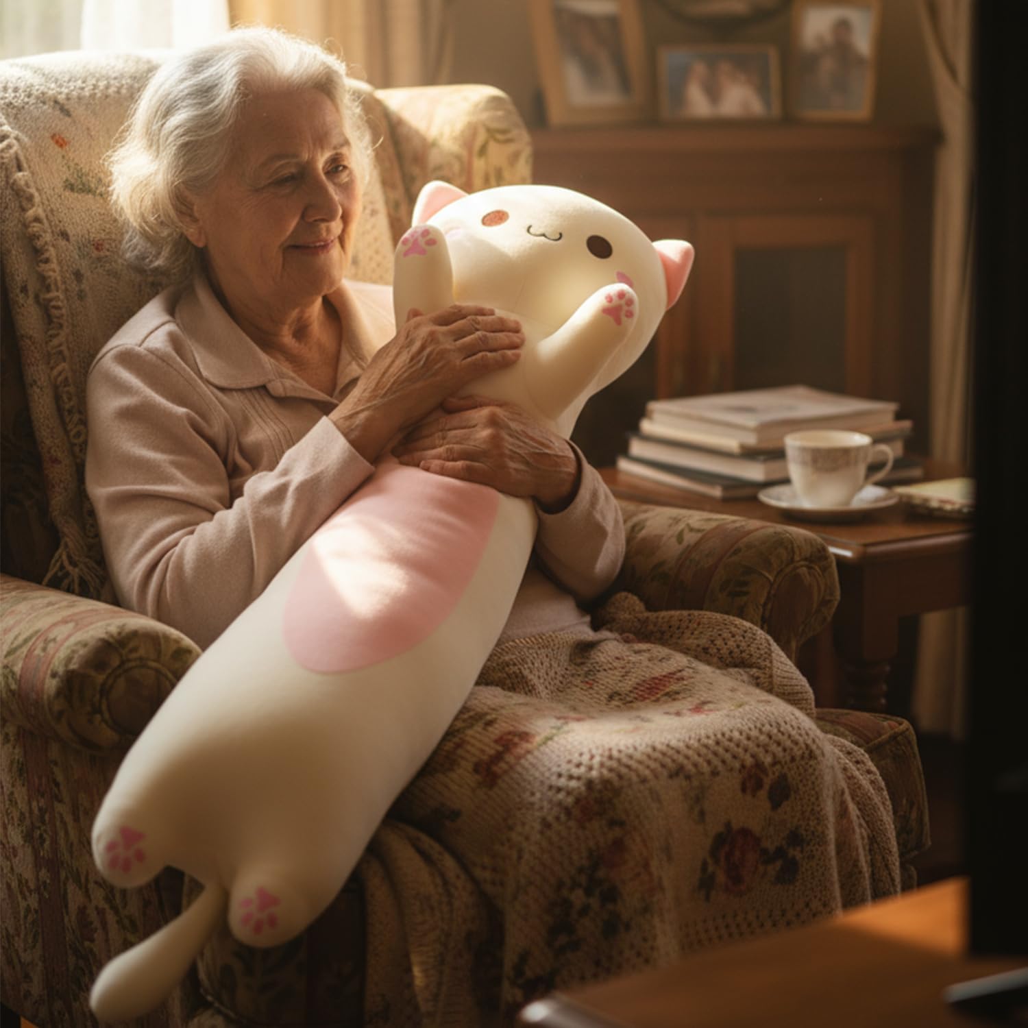 Long Cat Plush Toy – Ultra Soft Cat Plush Pillow Stuffed Animal for Kids & Adults, Kawaii Kitty Body Pillow, Cute Plushie Gift for Kids Girlfriend (Cream, Round Eyes, 60cm/23.62inch) - Image 8