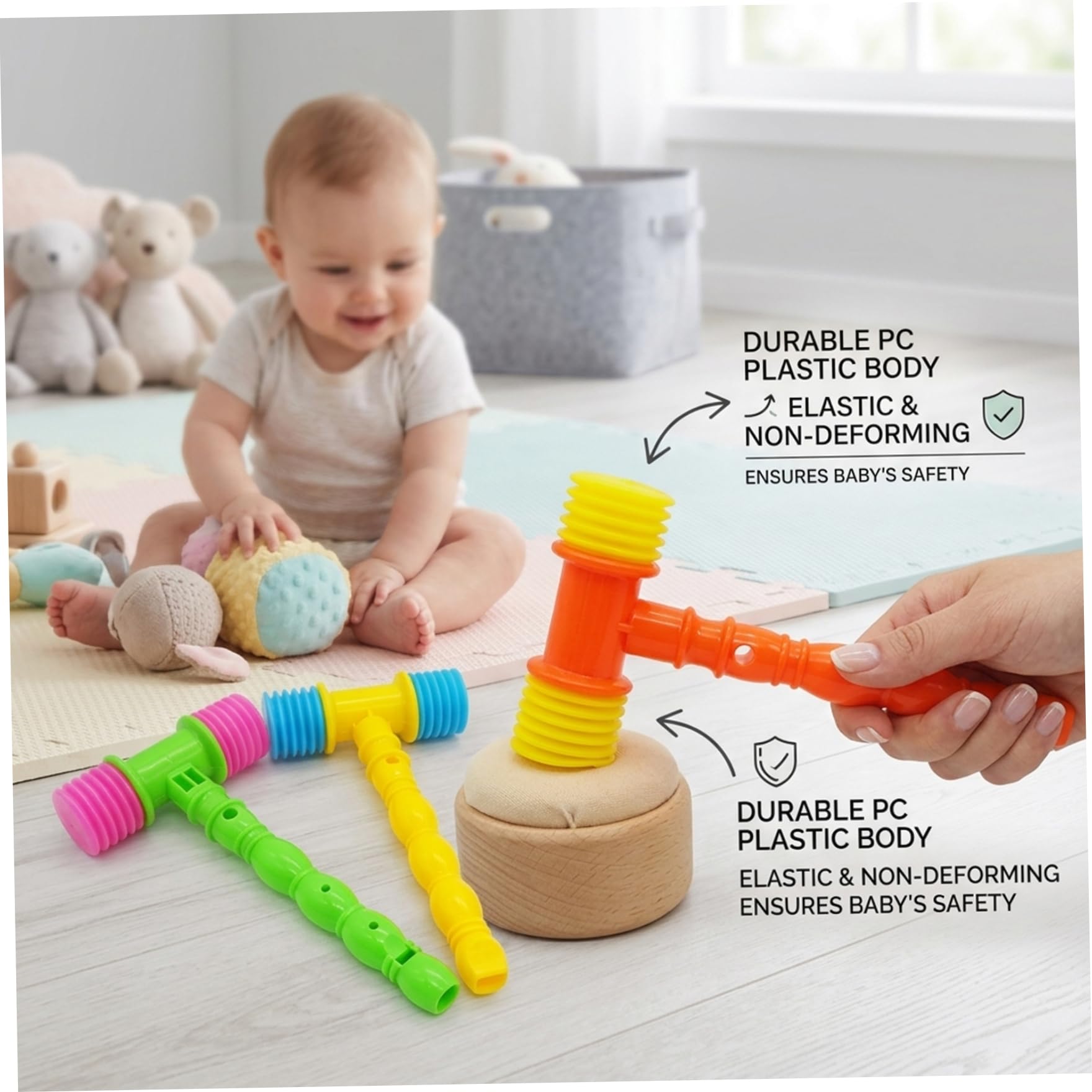 8-teiliges Quietschhammer-Spielzeug, lustiges Hämmerspielzeug mit Pfeifgriff für Babys und Kleinkinder, bunter Kinderhammer für motorische Fähigkeiten und Partygeschenke, zufällige Farbe