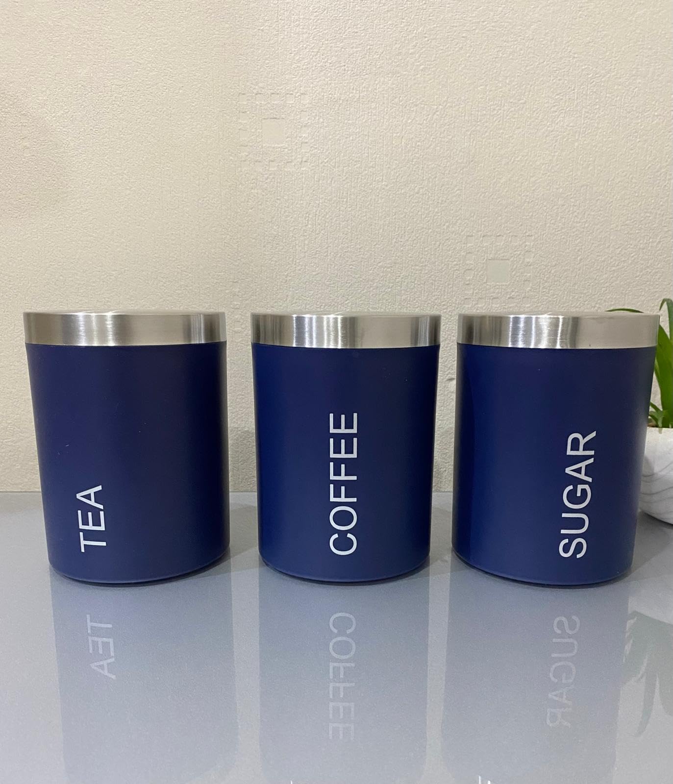 Stunning Set of 3 Tea Coffee Sugar Canisters – Kitchen Storage Jars with Lids – Metal Container Tins - Stylish Tin Pots (Navy)