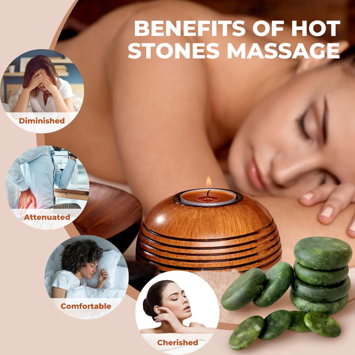 Lot de 10 pierres de massage à l'olivine - Pierres chaudes en pierre volcanique pour spa, massothérapie et relaxation profonde
