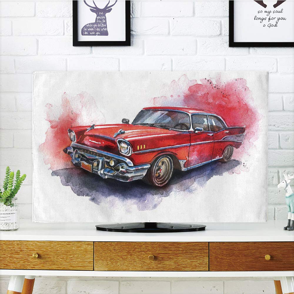 iPrint LCD TV Cover Multi Style,Watercolor,Hand Drawn Old Fashioned Car Antique Motor Vehicle Retro Outdated Abstract Art Decorative,Red Dimgrey,Customizable Design Compatible 50"/52" TV