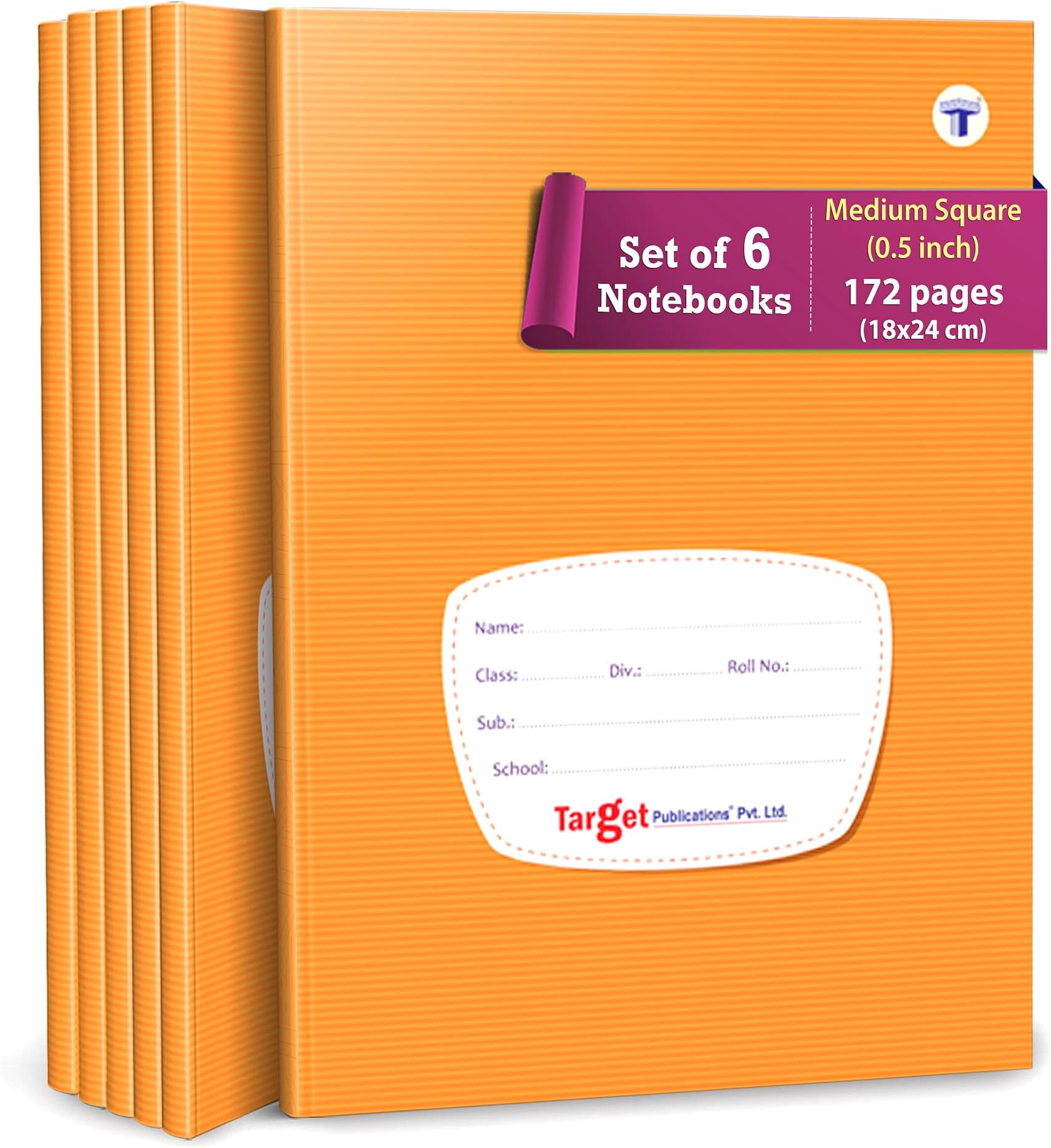TARGET PUBLICATIONS Target Medium Square Ruled Notebooks (172 Pages) | Soft Brown Cover | 18 cm x 24 cm Approx | Maths Exercise Small Notebooks (Square - 0.5 inch) | Pack of 6 Books | GSM 58 (1334_6)