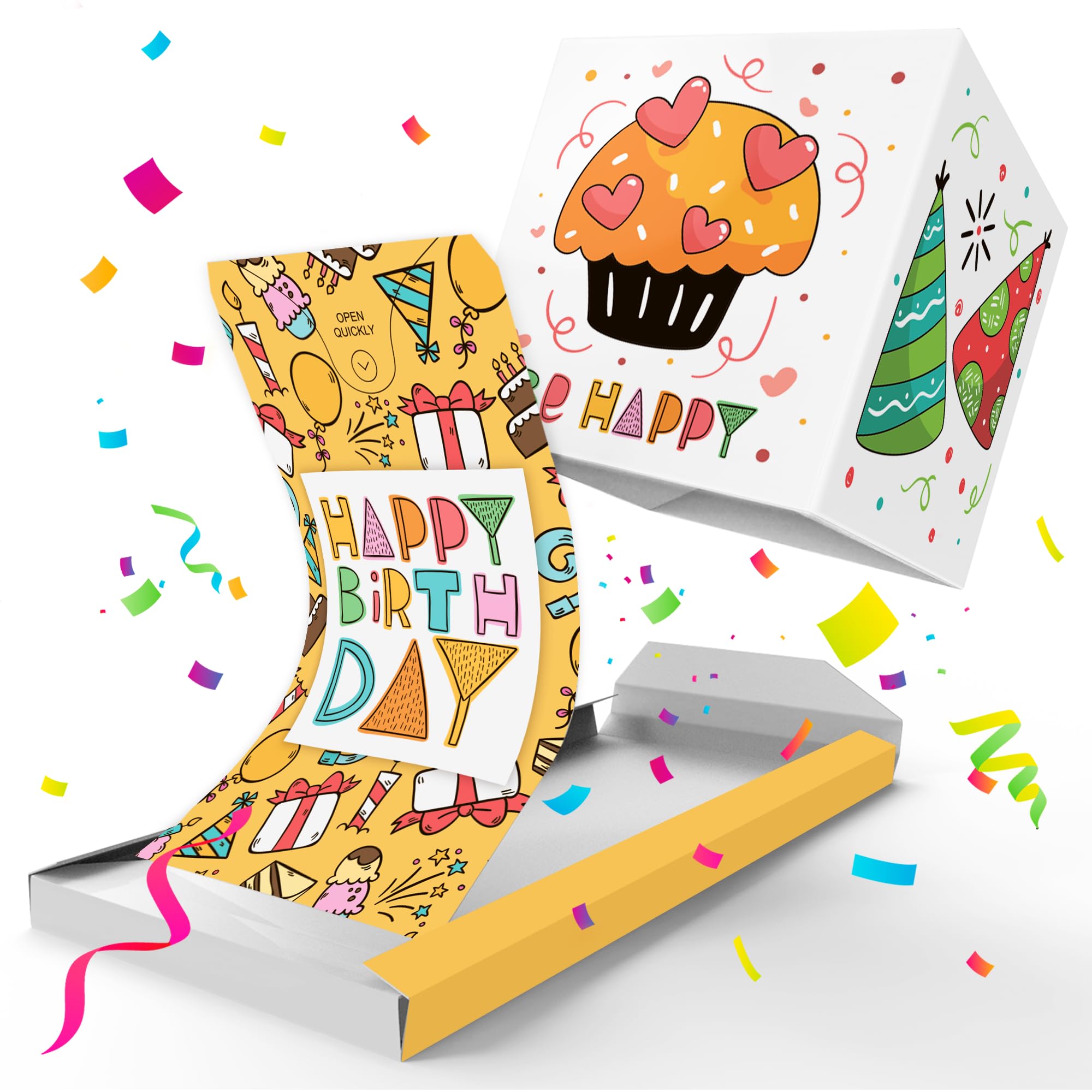 «BOOM» Happy Birthday Exploding Confetti Surprise Card (Yellow), Prank Box Pop Up Explosion