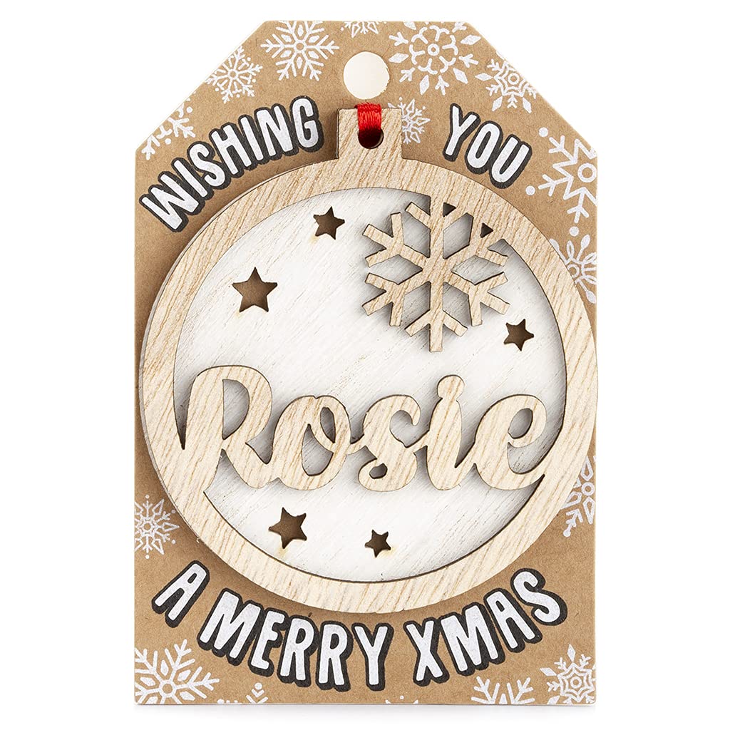 Personalised Wooden Rosie Name White Hanging Christmas Tree Bauble Decoration