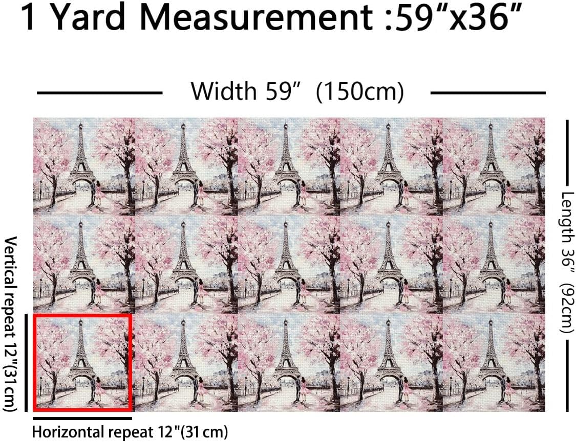 Paris Fabric by The Yard - Girly French Eiffel Tower Upholstery for Quilting, Couple Pink Cherry Blossoms, Decorative Watercolor Paris Tower, Waterproof Valentine Gift - Pink, 5 Yards
