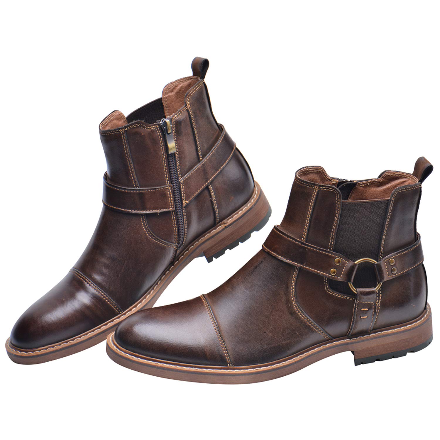 rismart Hombre Cuero Tobillo Botines Chelsea Dedo del pie Gorra Botín Cremallera