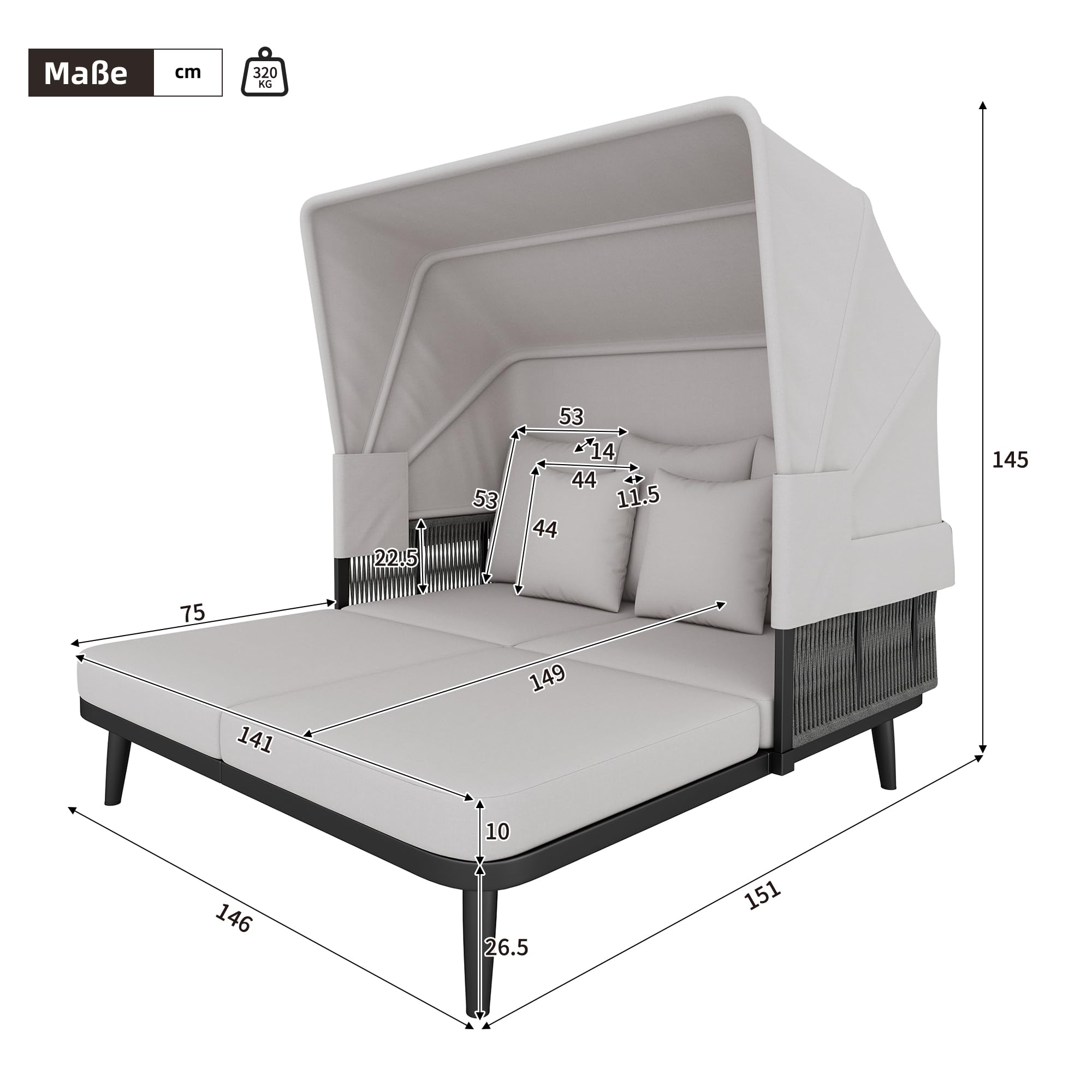 Gartenmöbel für 2 Personen, Gartensofa, Loungesofa, Einziehbare Markise, Gestell aus verzinktem Stahl, 10 cm Dicke Kissen, Handgewebtes Seil, Grau