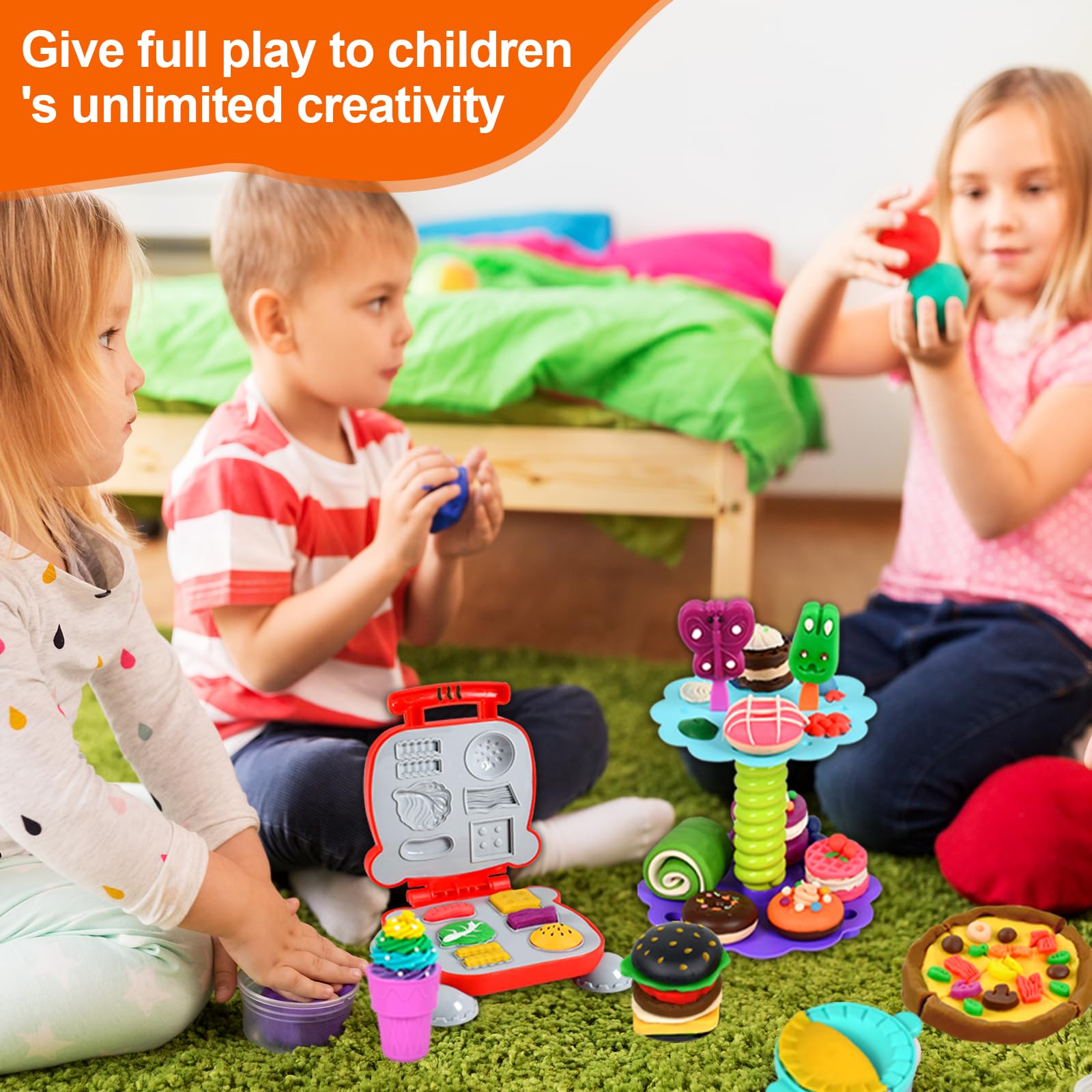 UCAMP Juego de Plastilina, 65 Piezas, Moldes y Accesorios para Crear Hamburguesas y Helados, con 12 Botes de Plastilina, Regalo a Partir de 3 Años, para Niños