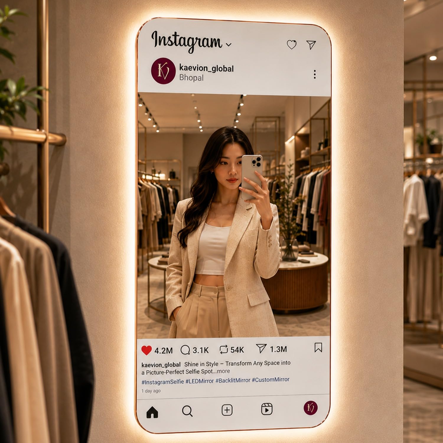 Instagram Theme LED Selfie Mirror (4x2ft – Rose Gold Frame, 5MM HD Glass with 3-in-1 Dimmable Backlit LED Lights – Customizable Full-Length Wall Mounted Smart Vanity Mirror-image-27
