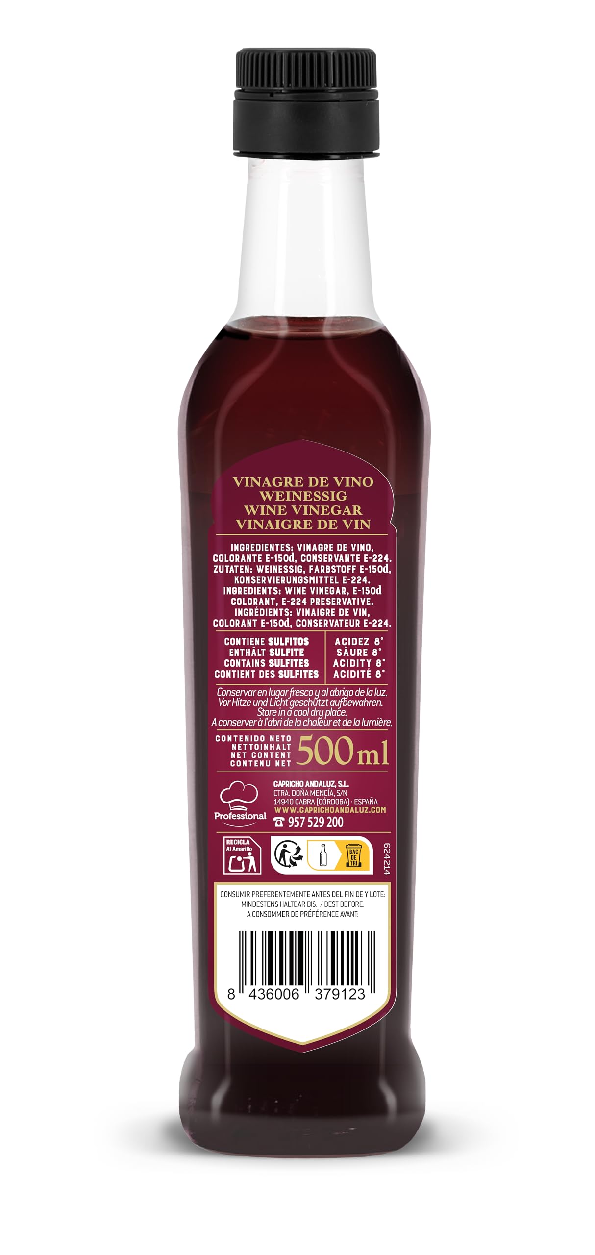 Capricho Andaluz - Vinagre de Vino 8º PET de 500 ml, El Sabor más Auténtico e Intenso para Aderezar y Marinar las Ensaladas