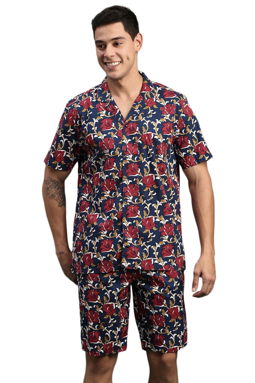 showoffff Men's Printed Cuban Collar Navy Blue Relaxed Fit Co-Ords Set-Lucas-3131_NavyBlue-picture-23