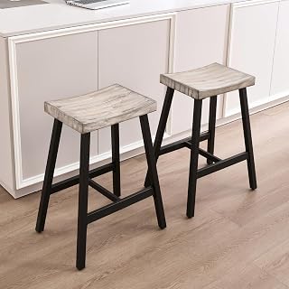 chairus 26" Metal Bar Stools Set of 2, Industrial Vintage Saddle Counter Height Bar Stools with Curved Wood Seat, Rustic Backless Breakfast Bar Chairs for Kitchen Island Pub Cafe, Antique White