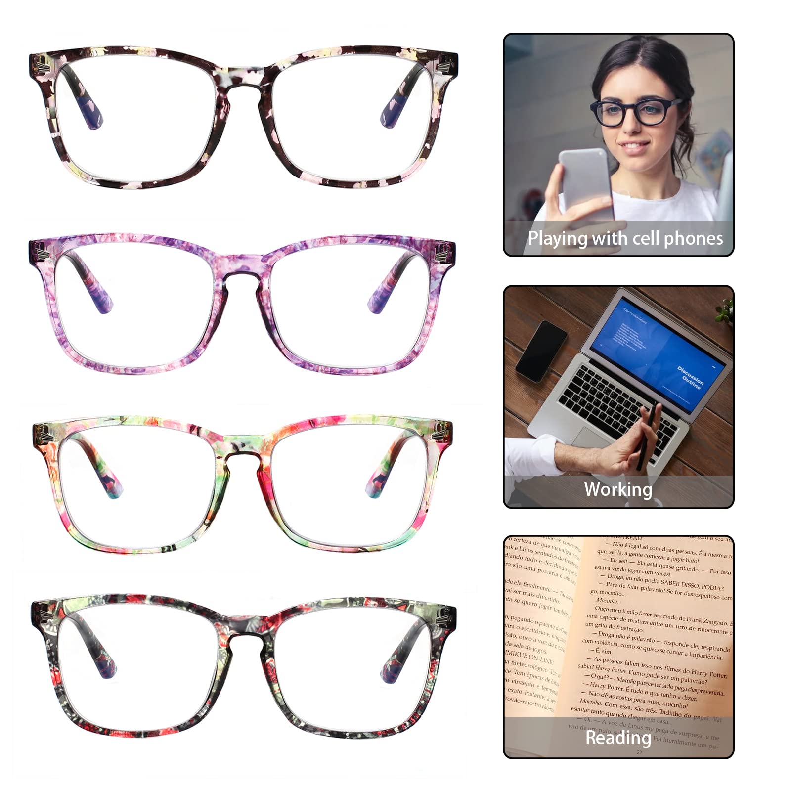 HENOTIN Lesebrille für Damen, mit Federscharnier, blaues Licht, modisches Muster, für Frauen (Leser mit Musterdruck, 2,0, Dioptrien)