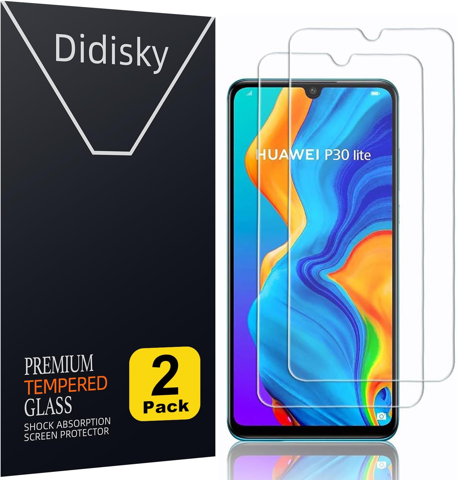 Didisky Tempered Glass Screen Protector for Huawei P30 Lite and P30 lite New Edition, [ 2 Pack ] Anti Scratch, 9H Hardness, No Bubbles, High Definition, Easy To Apply, Case Friendly
