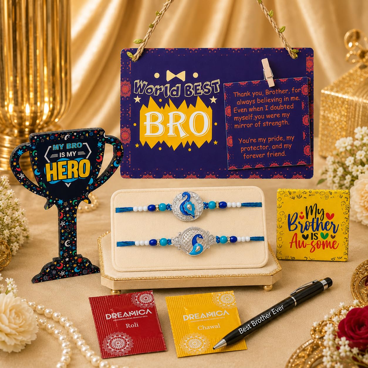 Dreamica Designer Wall Hanging, Set of 2 Rakhi, Fridge Magnet, Trophy Showpiece, Pen, Greeting Card and Tilak Set| Best Rakhi Gift for Brother