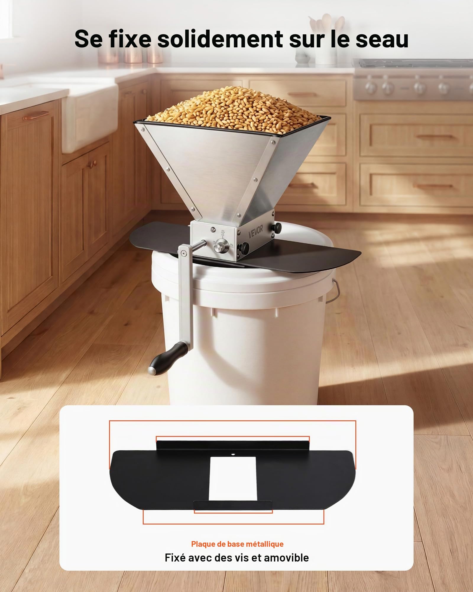 VEVOR Moulin à Grains Manuel, Broyeur à Malt pour Brassage Amateur, pour Brassage de Bière de Blé Orge, Concasseur à Malt Réglable avec 2 Rouleaux en Inox, Trémie de 4 L et Plaque de Base en Métal