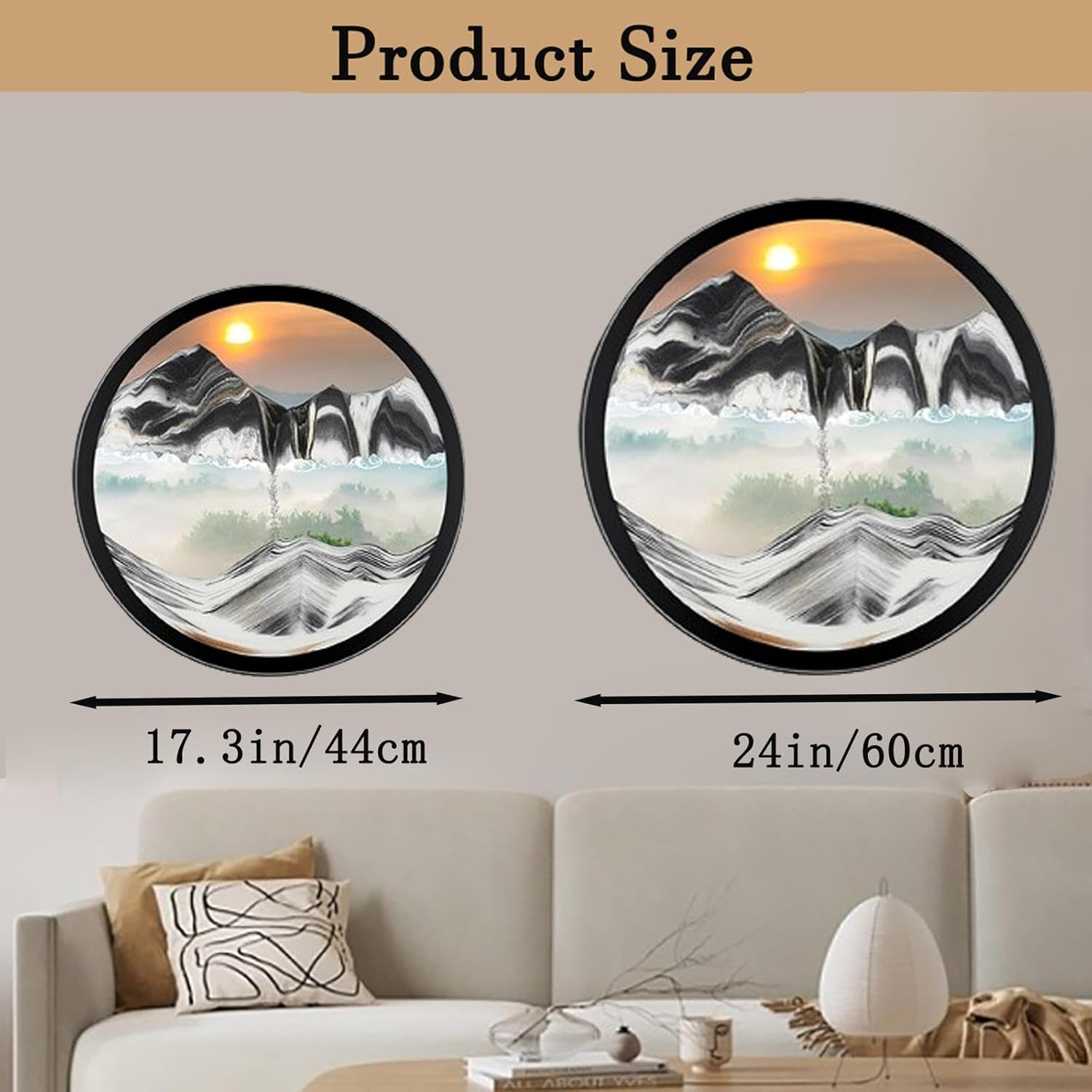PROEATS Moving Sand Art, Wall Art Deep Sea Sandscape Room Decoration, 360°Rotate Sand Art Liquid Motion, Glass Crafts Solid Wood Frame, Relaxing Wall Decor for Home Office (Black, 24in)
