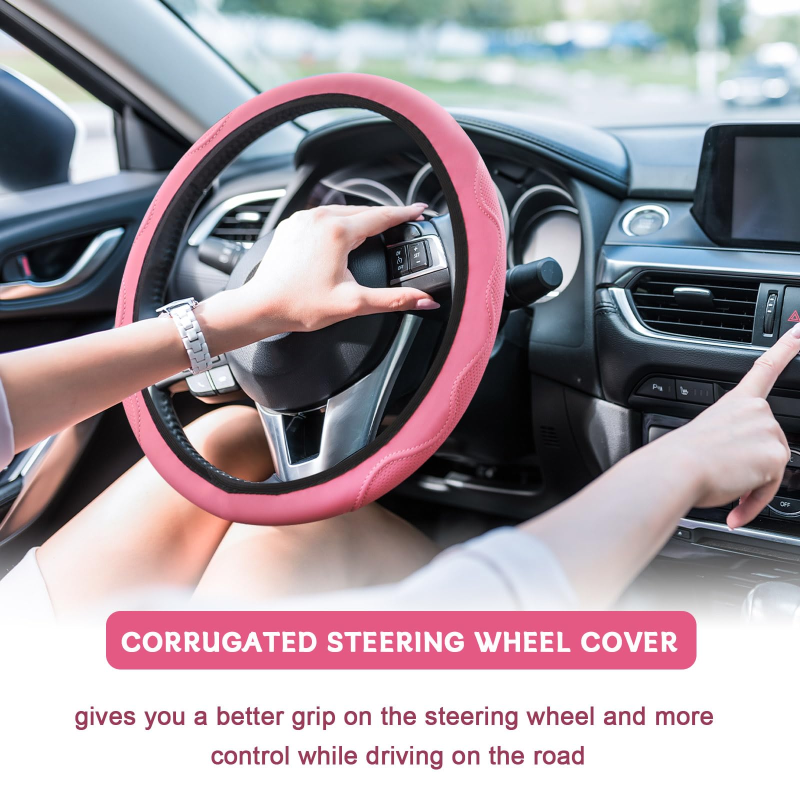 Coprivolante in pelle rosa, antiscivolo e traspirante, per donne e uomini, universale, elastico da 38 cm, elegante e inodore, accessorio per auto per auto, camion, SUV (rosa
