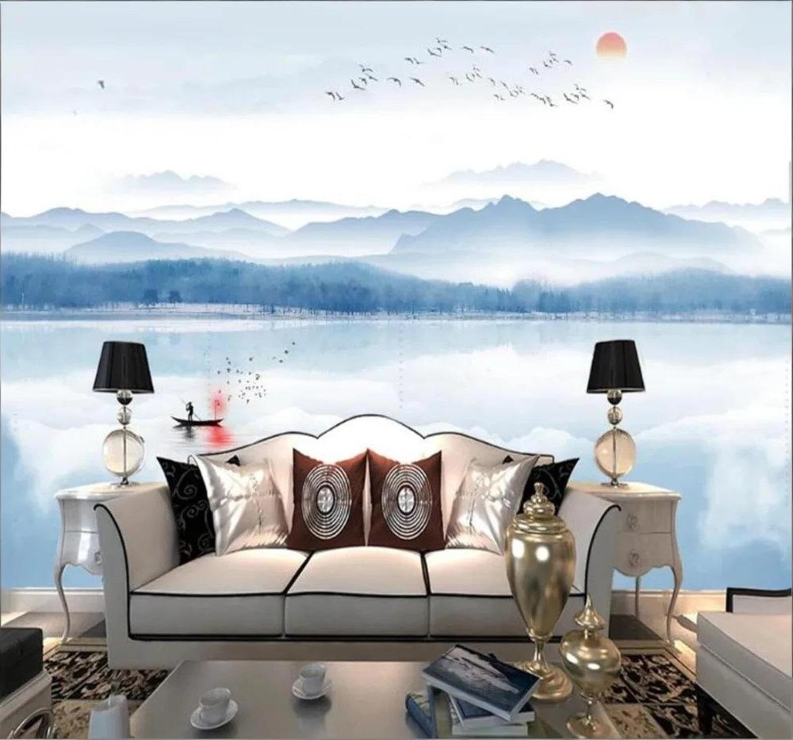 Xlming 400Cm×280Cm(B×H) Fresh Aesthetic Ink Wash Landscape Ambience 3D Wallpaper Silky Texture Home Study Office Grey Dining Room Sofa Bedroom Living Room Tv Backdrop-400Cm×280Cm